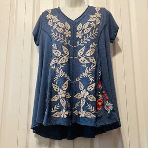 Anthropologie- Caite-Handmade  W/Heart & Soul-Embroidered Sz. Small-Blue Mix/Red